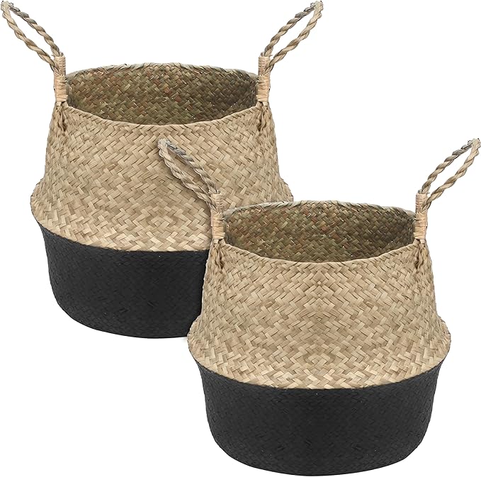 2Pcs Basket for Plant Artificial Trees, 13x11 Inch Seagrass Wicker Pots, Woven Planter Set Eco-Friendly Round Boho Holder Base with Handles for Home Decor Indoor Storage Solution, Black Bottom Pattern