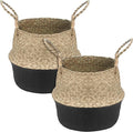 2Pcs Basket for Plant Artificial Trees, 13x11 Inch Seagrass Wicker Pots, Woven Planter Set Eco-Friendly Round Boho Holder Base with Handles for Home Decor Indoor Storage Solution, Black Bottom Pattern