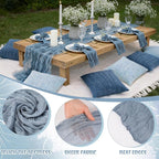 91 x 71 Extra Large Outdoor Boho Picnic Blanket with Gray Blue Table Runner, 6 Throw Pillow Covers 6 Napkins Woven Cotton Yarn Oversize Beach Blanket Washable Picnic Camp Wedding