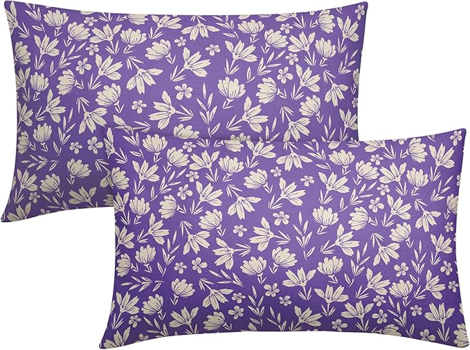 Purple Pillow Covers 12x20 Set of 2 Vintage Floral Rustic Old Style Cute Flower Print Rectangle Decorative Outdoor Pillowcases Seasonal Farmhouse Throw Cushion Case Couch Sofa Bed Decor