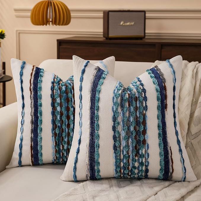 Boho Striped Throw Pillow Covers 18x18 Inch Set of 2 Farmhouse Square Decorative Pillow Covers Chenille Tufted Accent Neutral Pillowcase Blue Cushion Cover for Living Room Couch Sofa Bed