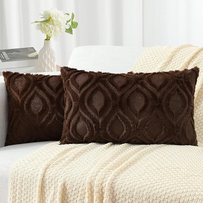 decorUhome Cozy Textured Throw Pillow Covers 12x20 Inch Set of 2, Soft Plush Faux Wool Dark Brown Accent Couch Pillow Covers for Modern Farmhouse Sofa Bed Living Room