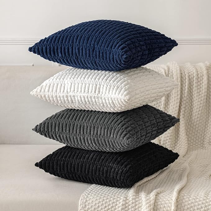 MIULEE Pack of 2 Corduroy Decorative Throw Pillow Covers 16x16 Inch Soft Boho Striped Pillow Covers Modern Farmhouse Home Decor for Summer Coastal Sofa Living Room Couch Bed Dark Blue