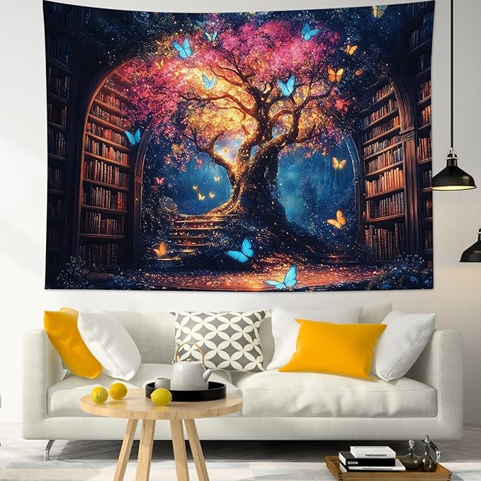 LB Gothic Library Tapestry Classroom Magical Tree Butterfly Witchy Books Wall Tapestry Vintage Bookshelf Wall Decor Tapestries for Bedroom Living Room College Dorm,78Wx60H inches