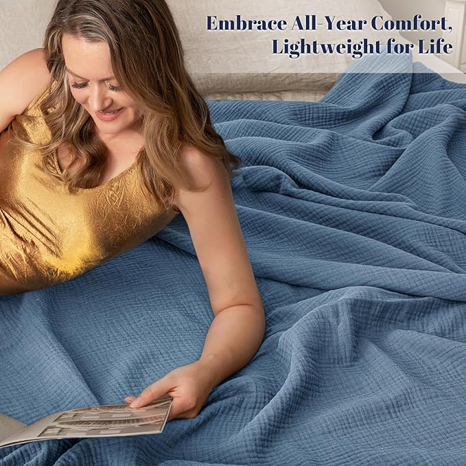 PHF 100% Cotton Muslin Throw Blanket 50" x 60", 4-Layer Lightweight Gauze Throw, Breathable Cloud-Soft Minimalist Blanket for Bed, Couch, Camping & Baby, Denim Blue, Ideal Gift