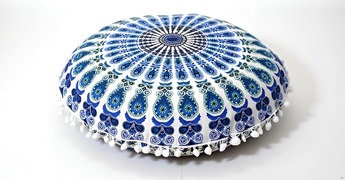 CRAFT KALA Boho Large Floor Pillow Pouf Cover Mandala Meditation Room Pillow Cover for Adults Round Bohemian Seating Pouf Cushion Cover for Kids Playroom 22" Green Sky Peacock