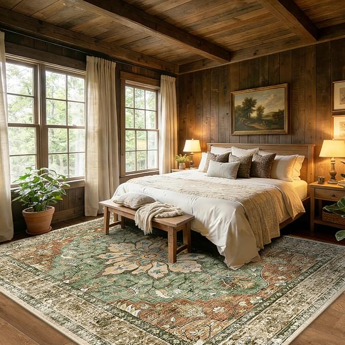 Area Rugs 9'x12' Washable Non-Slip, Floral Vintage Distress Print Pattern Medallion Carpet for Living Room Bedroom Dining Room, Brick Red Rust Neutral Brown Burnt Orange Green