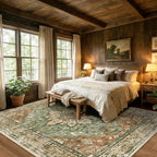 Area Rugs 10'x12' Washable Non-Slip, Floral Vintage Distress Print Pattern Medallion Carpet for Living Room Bedroom Dining Room, Brick Red Rust Neutral Brown Burnt Orange Green