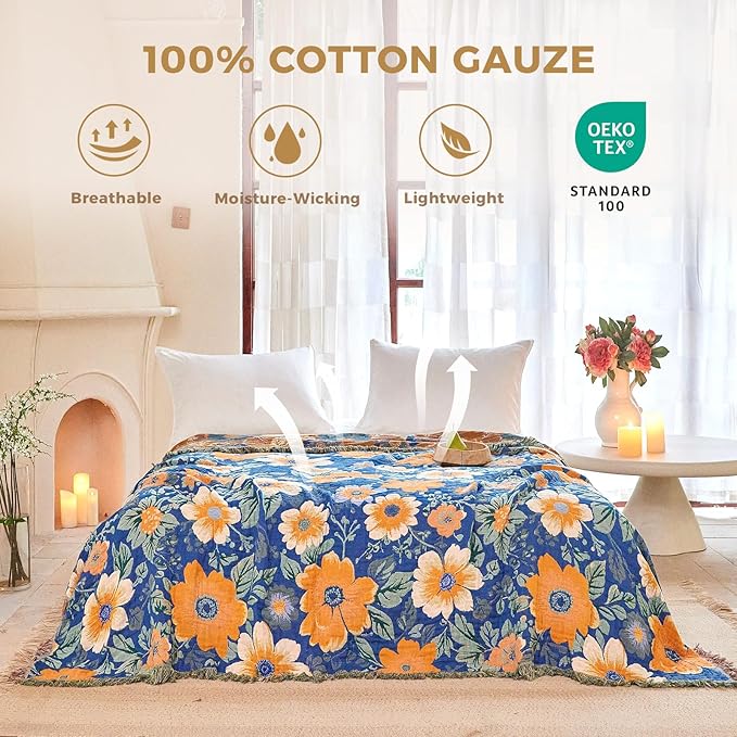 Boho Throw Blanket for Couch Sofa Chair Cotton Spring Blankets for Bedroom Living Room All Season Lightweight Reversible Floral Embroidery Throws 50"x60"