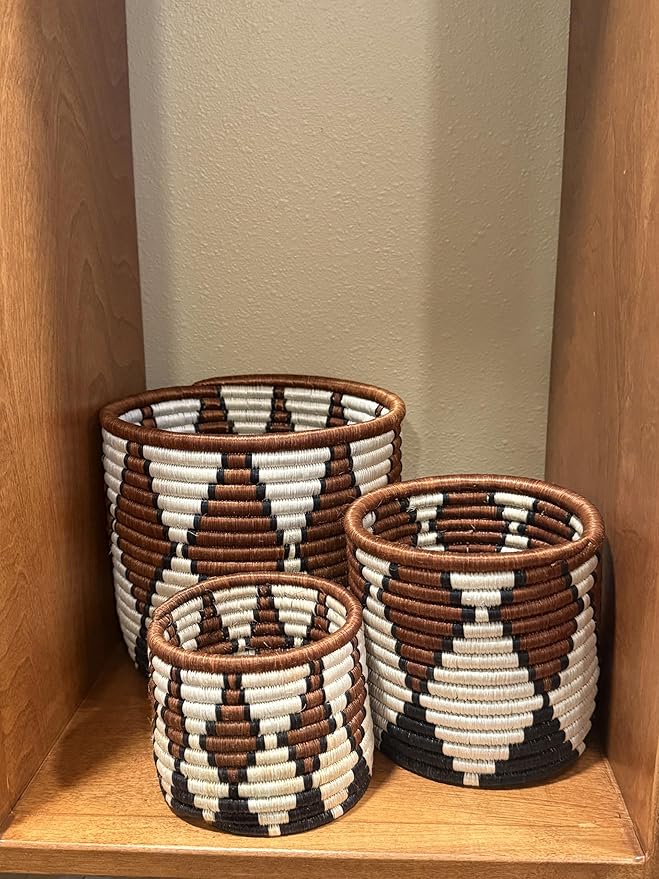 Handwoven African Planter Baskets (Set of 3) Sisal basket for Indoor Plant Pots Vase Home decor Storage Organizer Zen Designs Arts and Crafts (Brown and Natural Black)