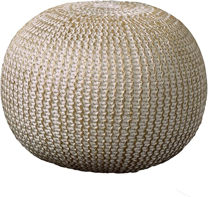 CC Home Furnishings 20" Gold and Ivory Hand Knitted Round Pouf Ottoman