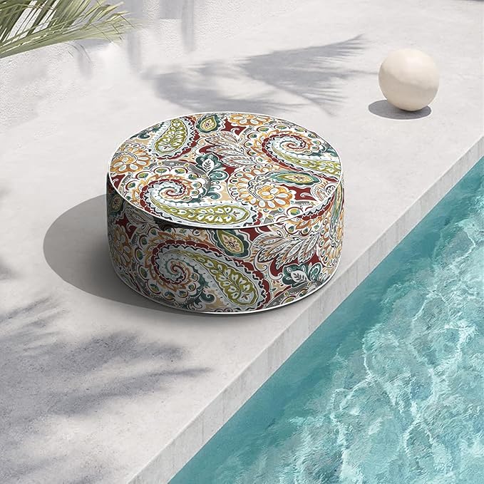 Indoor/Outdoor Inflatable Ottoman with Handle, Decorative Fade-Resistant Round Footstool D21 x H9 inch, Portable Ottoman Pouf for Patio Garden Camping, Paisley Chilli