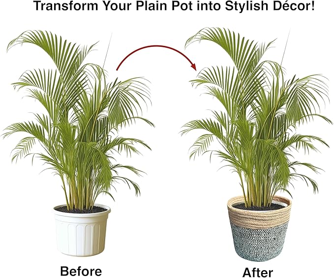Planter Basket Set – 5-Piece Handwoven Jute Planter Basket for Home Decor, Nursery, or Indoor Plants (5'' to 8'' Diameter, 4.75'' to 7.75'' Height) – Fold & Wrinkle Free - Natural Jute with White Band