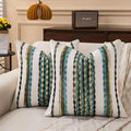 Boho Striped Throw Pillow Covers 18x18 Inch Set of 2 Farmhouse Square Decorative Pillow Covers Chenille Tufted Accent Neutral Pillowcase Teal Green Cushion Cover for Living Room Couch Sofa Bed
