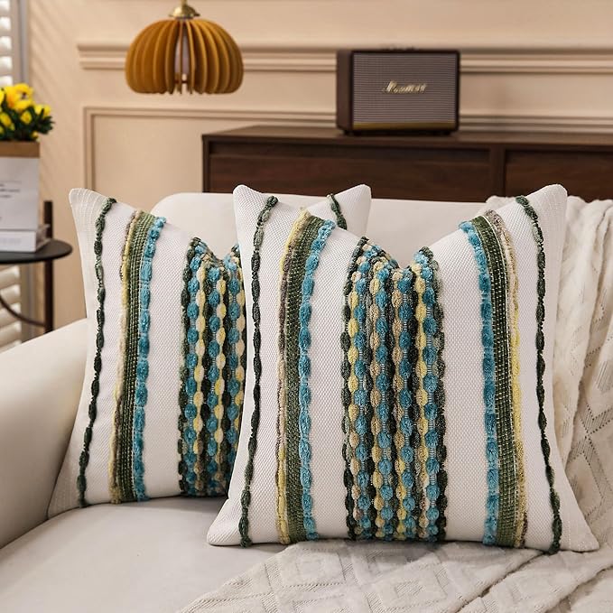 Boho Striped Throw Pillow Covers 18x18 Inch Set of 2 Farmhouse Square Decorative Pillow Covers Chenille Tufted Accent Neutral Pillowcase Teal Green Cushion Cover for Living Room Couch Sofa Bed