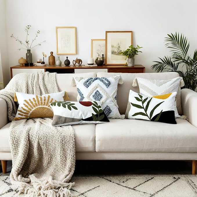 Boho Embroidered Throw Pillow Covers 12x20, Lumbar Decorative Pillow Covers Tufted Abstract Modern Leaf Sun Textured Couch Cushion Cases for Sofa Bed Living Room Decor (1PC, Black Orange)