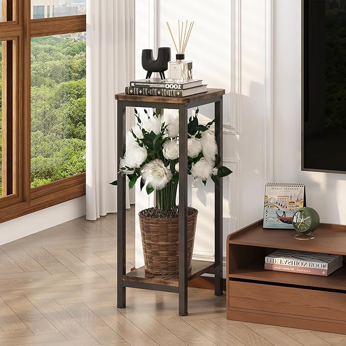 Homeiju 2-Pack Plant Stand Indoor, 2 Tier Wood Corner Plant Stand, Modern Square Plant Shelf Flower Stand for Living Room Patio Balcony Garden, Rustic Brown