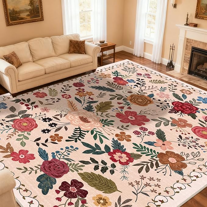 Area Rug for Living Room, 10x12 Large Washable Rugs for Dining Room, Bedroom, Non Slip Stain Resistant Carpet, Low Pile Vintage Floral Rug (Beige Red)