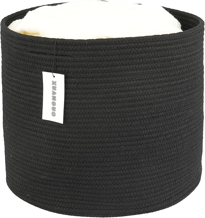 Cotton Rope Basket For Girls Boys Kids 16”X14” Baby Laundry Basket Nursery Bin Round Woven Baskets Organizer For Storage Toys Blankets Shoes Clothes black
