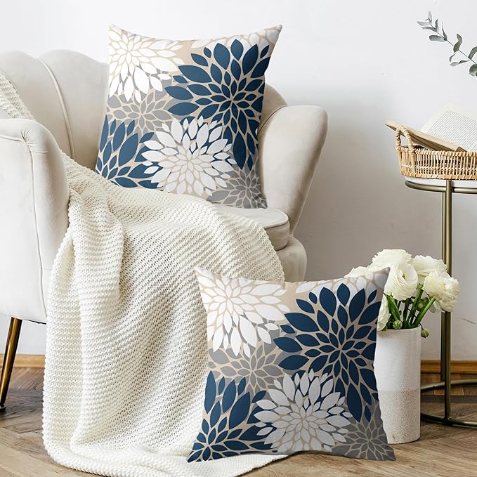 Blue White Grey Gray Pillow Covers 16X16 Inch Set of 2, Summer Modern Geometry Dahlia Floral Print Decorative Throw Pillow Covers Outdoor Farmhouse Cushion Case for Home Couch Sofa Bed Decor