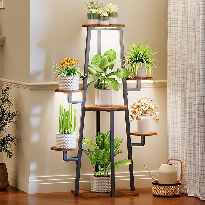 HOOBRO Plant Stand Indoor with Grow Lights, 7-Tier Plant Shelf for Multiple Indoor Plants, 47.2” Corner Plant Stand Organizer with Metal Frame, for Living Room, Balcony, Patio, Rustic Brown BF04DHJ01