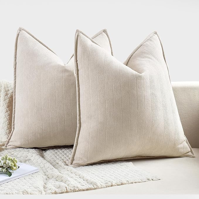 MIULEE Pack of 2 Cream Beige Decorative Pillow Covers 18x18 Inch Soft Chenille Luxurious Couch Throw Pillows Farmhouse Cushion Covers with Elegant Design for Sofa Bedroom Living Room Spring Decor