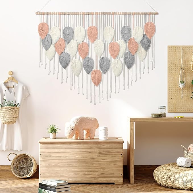Alynsehom Large Macrame Wall Hanging, Boho Woven Tapestry, Chic Modern Bohemian Handmade Leaf Feather Wall Art Home Decor for Apartment Dorm Living Room Bedroom Nursery Backdrop (51.5" W X 33.5" L)