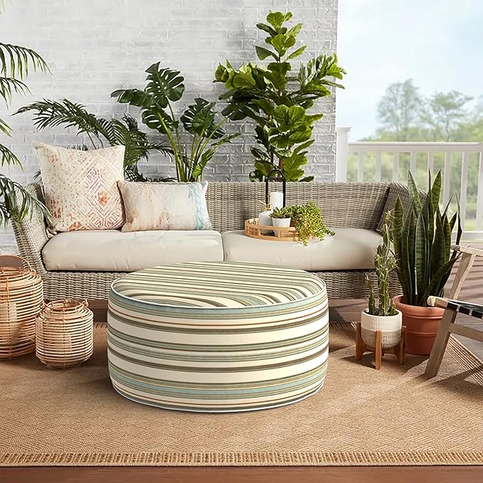 Indoor/Outdoor Inflatable Ottoman, All Weather Ottoman Pouf D31 x H14 inch, Round Foot Rest Ottomans Portable Footstool for Patio, Garden, Porch, Home,Stripe Onyx