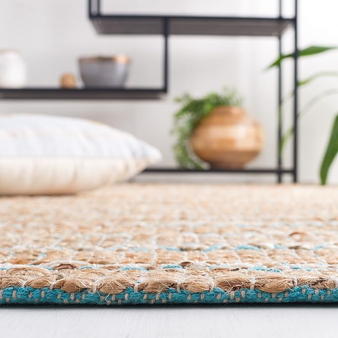 SAFAVIEH Natural Fiber Collection Area Rug - 9' x 12', Teal & Natural, Handmade Flat Weave Stripe Jute & Cotton Jute, Ideal for High Traffic Areas in Living Room, Bedroom (NFB655K)