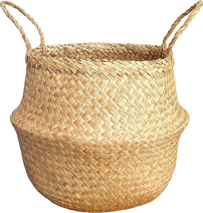 Seagrass Belly Basket Size(12x12x11 inches) for Storage, Laundry, Picnic and Woven Straw Beach Bag - Plant Pots Cover Indoor Decorative…