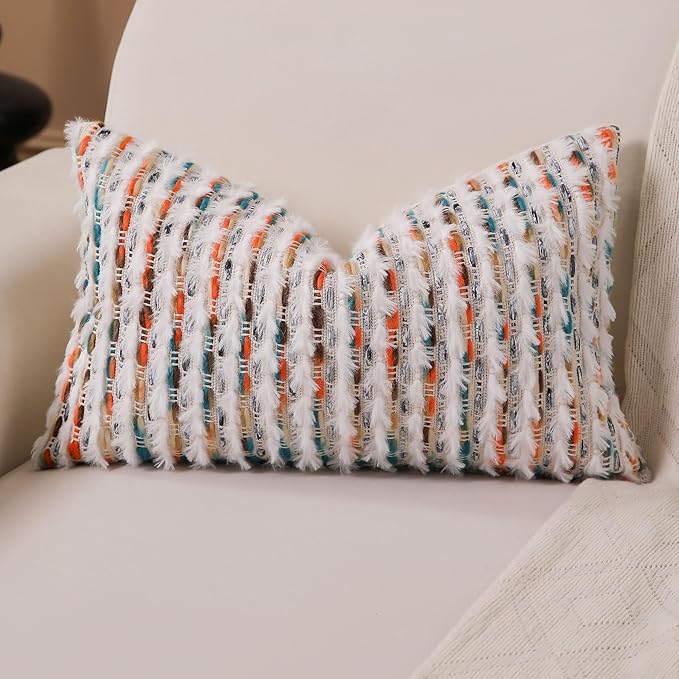 Boho Lumbar Pillow Cover 12x20 Inch Pack of 1 Farmhouse Rectangle Decorative Couch Throw Pillow Cover Blue Orange Chenille Tufted Striped Pillowcase for Living Room Sofa Bed