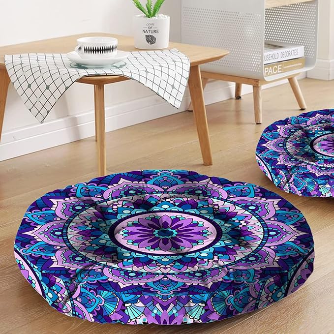 Mandala Meditation Cushion, Boho Meditation Mat, Meditation Pillows for Sitting on Floor, Cushions for Sitting in Home and Outdoor, Round Floor Pillows Cushion Seating for Yoga Accessories 22'' X 22''