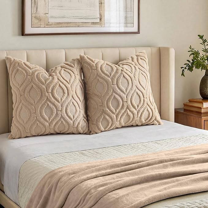 decorUhome Cozy Textured Euro Sham Throw Pillow Covers 22x22 Inch Set of 2, Soft Plush Faux Wool Light Khaki Accent Couch Pillow Covers for Modern Farmhouse Sofa Bed Living Room