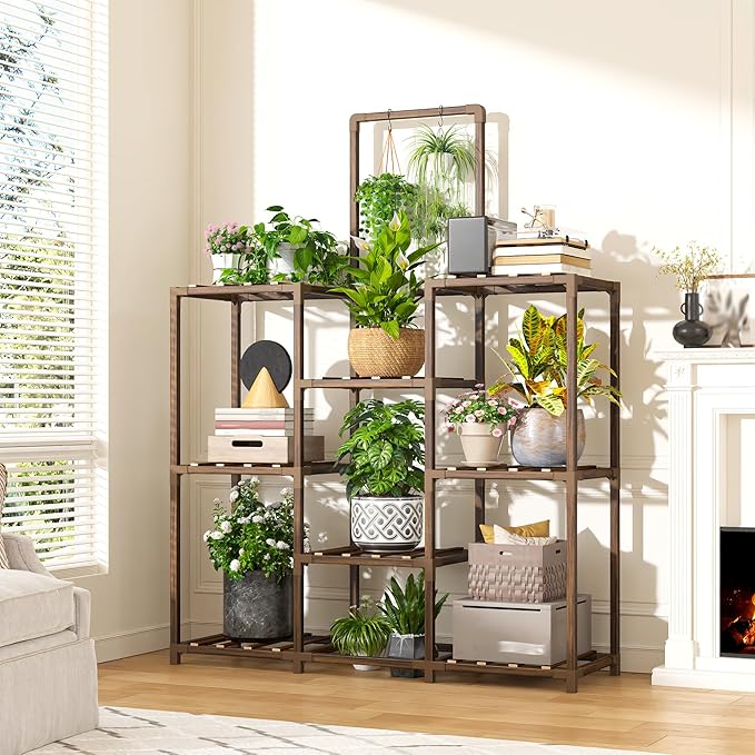EnHomee Plant Stand Indoor Tall Plant Stand Outdoor Large Wood Plants Shelf with 10-12 Pots for Patio, Living Room, Garden, Balcony, 34.5" Wx47.3 Hx11.78 D