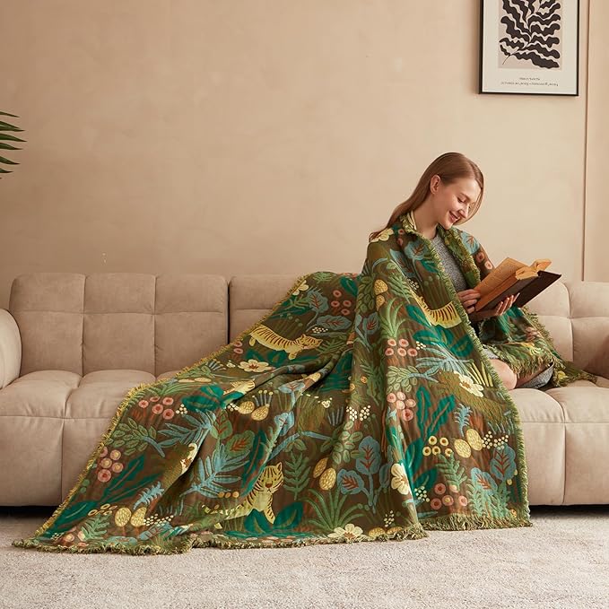 Boho Throw Blanket for Bed 100% Cotton Soft Lightweight Quilt Blanket Twin Forest Tiger Embroidery Home Decor Breathable Spring Bed Blankets,60"x80" All Season Throw for Sofa Couch Chair