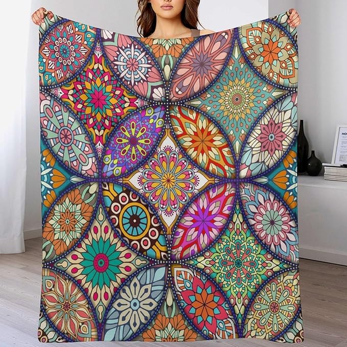 Boho Floral Throw Blanket Bohemian Colorful Mandala Flowers Print Theme Blanket for Sofa Bed Couch Chair Or Dorm 30"x40"