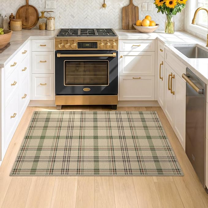 Easy Jute 3x5 Outdoor Rug for Front Porch Layering - Washable Door Mat for Large Entryway, Non Slip Farmhouse Woven Rug for Kitchen Floor, Mudroom - Buffalo Plaid Sage Green Decor