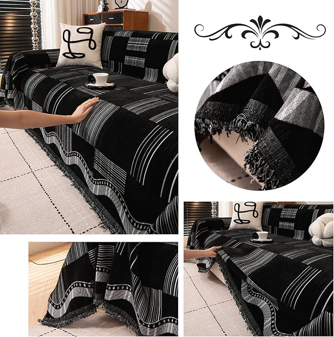 ROOMLIFE Black Couch Cover Sofa Covers, Chenille Couches Covers for 3 Cushion Sofas, Non Slip Soft Breathable Sofa Slipcovers for Pet, Washable Furniture Protector with Tassel,71''X134”