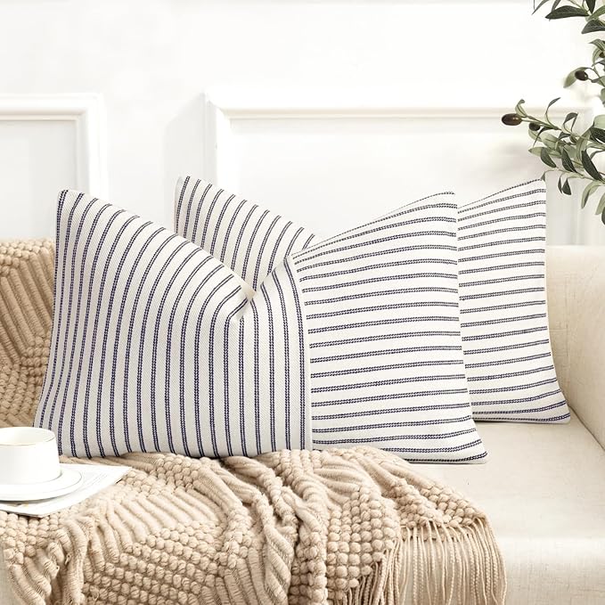 YCOLL Farmhouse Pillow Covers 12x20, Modern Accent Lumbar Throw Pillow Covers Set of 2, Navy and Beige Striped Patchwork Linen Decorative Pillows Cushion Covers for Couch Chair Bedroom Home Decor