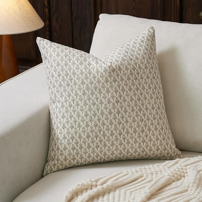 Floral Pillow Covers 18x18 Pillow Cover Block Print Couch Pillows for Living Room Decorative Neutral Accent Throw Pillow Covers, 1PC, Light Taupe