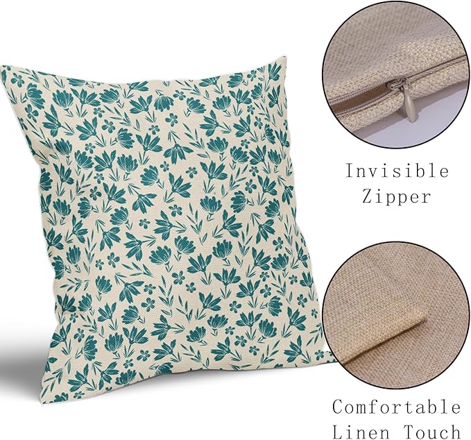 Teal Floral Pillow Covers 16x16 Set of 2 Vintage Rustic Old Style Cute Small Flower Blue Green Cream Print Decorative Outdoor Pillowcases Farmhouse Throw Cushion Case Decor for Couch Sofa Bed