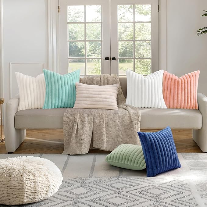 decorUhome Summer Cozy Faux Fur Throw Pillow Covers 26x26 Set of 2 Decorative Plush Striped Modern Farmhouse Boho Couch Euro Sham Pillow Cases with Velvet Back for Sofa Bed Living Room, Blush Pink