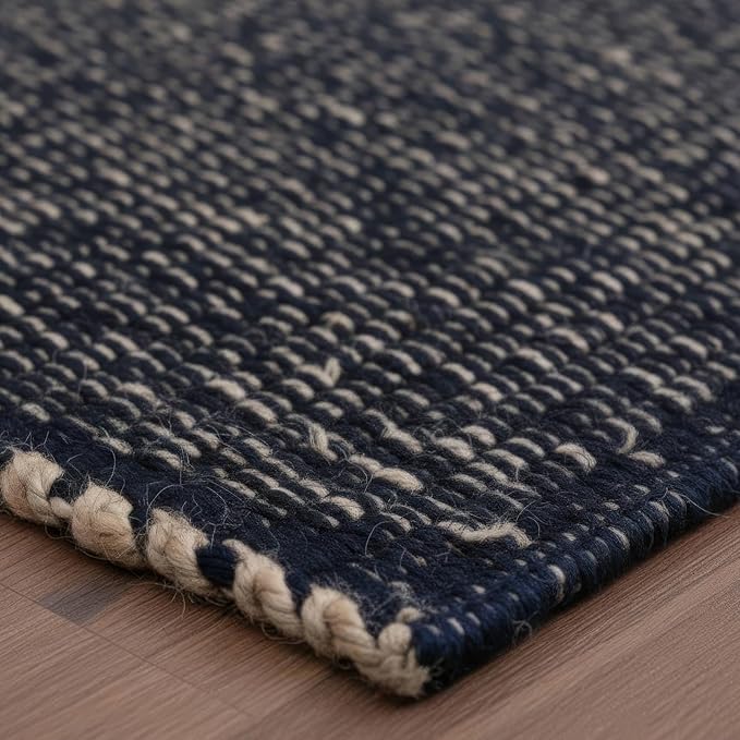 Navy 5X7 Jute Rug Braided Construction - Farmhouse Woven Carpet - Nautical Floor Covering for Bedroom Living Room, 5' x 7'