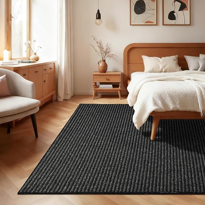 Softlife 5x7 Rugs for Living Room Faux Jute Area Rug Washable Modern Bedroom Rugs Large Non-Slip Farmhouse Floor Carpet for Dining Room Hallway Office Kitchen Entryway, Black