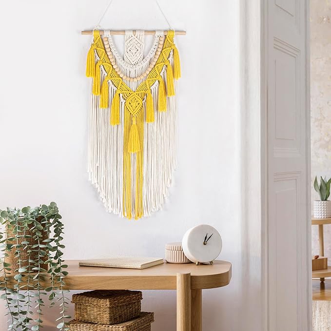 EOBTAIN Yellow Macrame Wall Hanging Boho Macrame Wall Art Handmade Woven Tapestry with Beige Tassel, Bohemian Yellow Wall Decor for Bedroom Living Room Nursery Dorm Home, 30L x 15.7W Inch