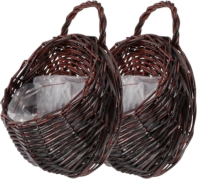 DOITOOL 2Pcs Dark Brown Rattan Wicker Hanging Baskets for Wall 9.05X7.08X3.54 Inch Indoor Outdoor Planters for Flowers and Greenery Home Garden Decor