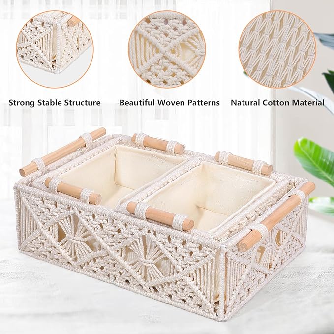 ANMINY 3PCS Macrame Storage Baskets for Organizing Boho Decor Baskets Storage Bins with Wood Handles Handmade Decorative Storage Boxes with Removable Liner Toilet Tank Bathroom Self Basket Organizer