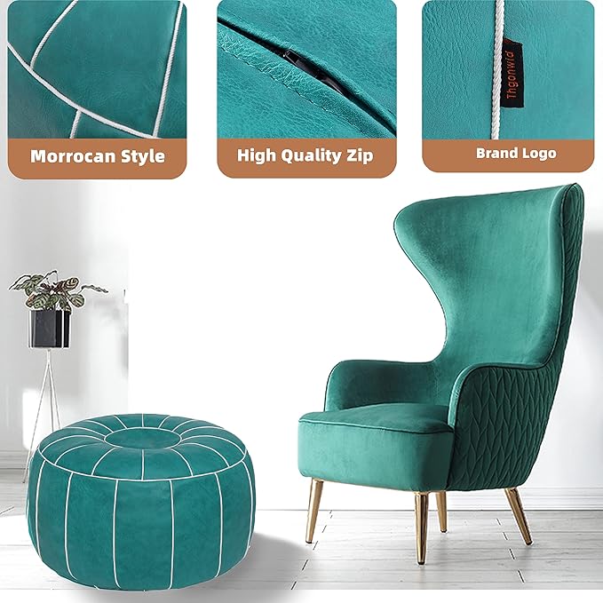 Thgonwid Unstuffed Moroccan Storage Pouf Foot Stool Ottoman Seat Handmade Faux Leather Bean Bag Floor Chair Foot Rest for Living Room, Bedroom or Balcony (Teal Blue)