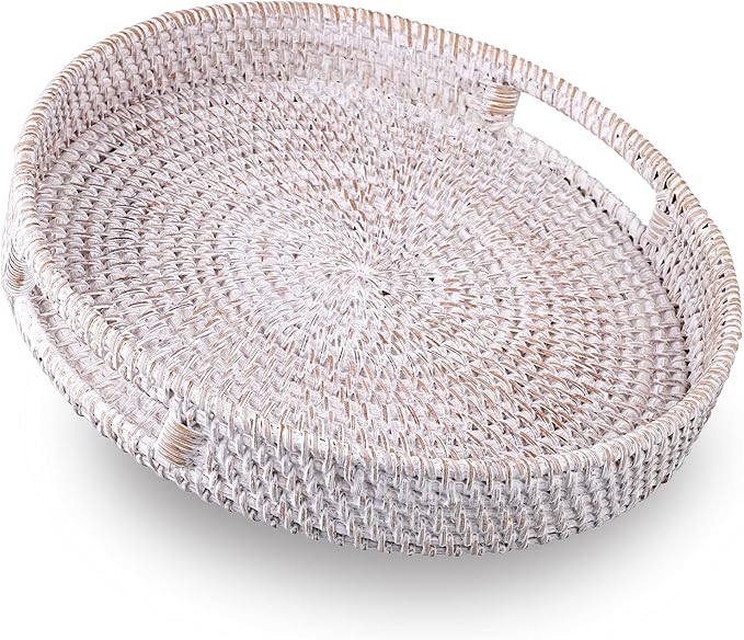 Hipiwe Round Rattan Serving Tray with Handles - Hand-Woven Wicker Tray - Decorative Candle Organizer - Storage for Breakfast, Drinks, Snacks - Coffee Table Centerpiece - Large (11.8" x 11.8" x 1.9")