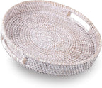 Hipiwe Round Rattan Serving Tray with Handles - Hand-Woven Wicker Tray - Decorative Candle Organizer - Storage for Breakfast, Drinks, Snacks - Coffee Table Centerpiece - Large (11.8" x 11.8" x 1.9")